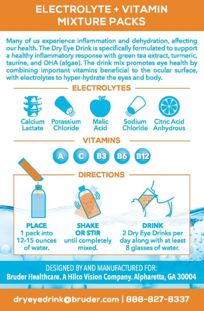Dry Eye Hydration Drink - Electrolyte Powder Packets with Vitamins, Green Tea, Turmeric, Taurine, and DHA - Sugar-Free - Orange Flavor - 5g x 10 Packets