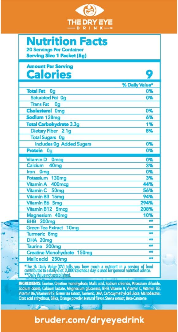 Dry Eye Hydration Drink - Electrolyte Powder Packets with Vitamins, Green Tea, Turmeric, Taurine, and DHA - Sugar-Free - Orange Flavor - 5g x 10 Packets