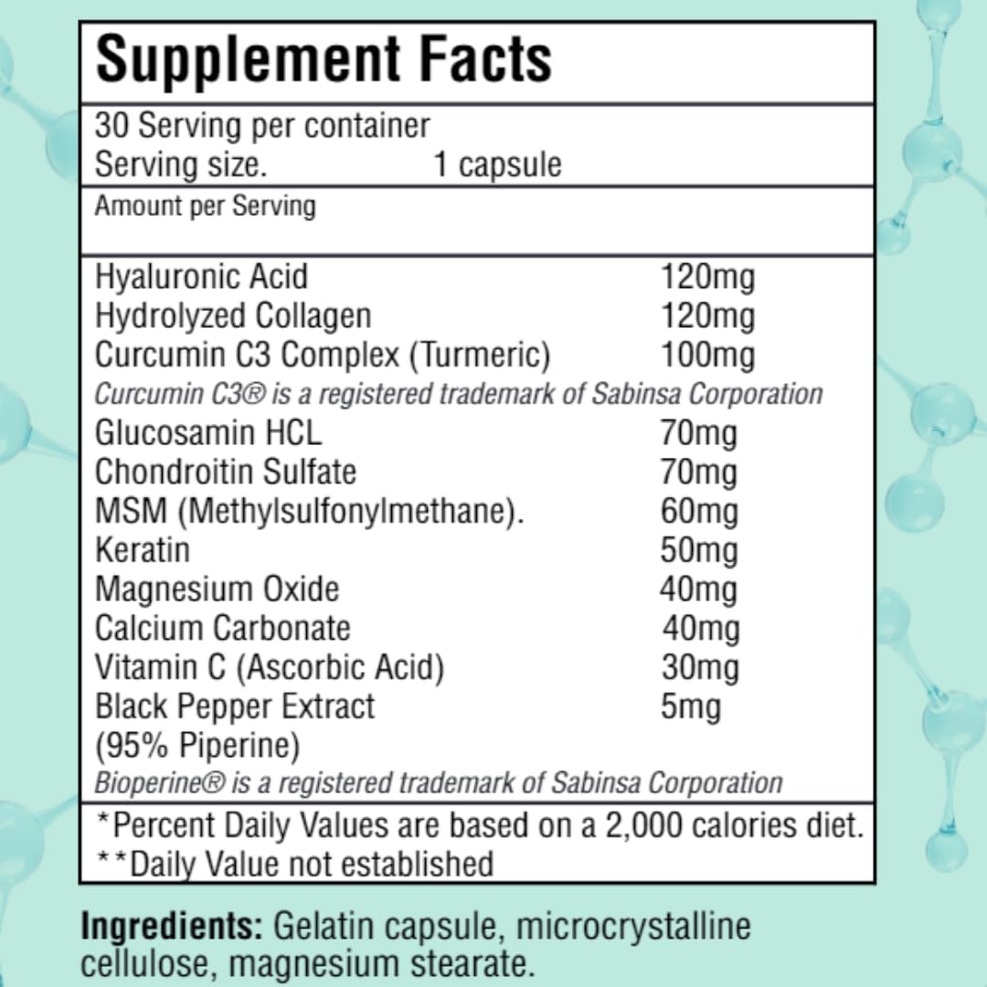Dual Pack Joint Mary Hyaluronic Acid Supplement with Collagen, Turmeric, Glucosamine, MSM, Vitamin C - 60 Capsules total