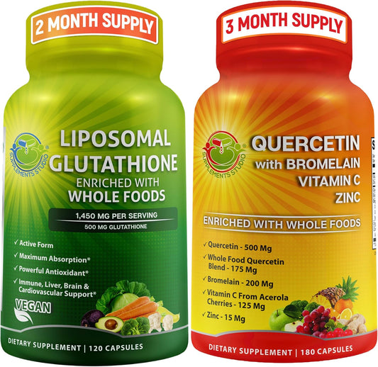 Dual Pack: Liposomal Glutathione 500mg & Quercetin 500mg with Zinc, Bromelain, and Vitamin C - Antioxidant & Detoxifier Supplement