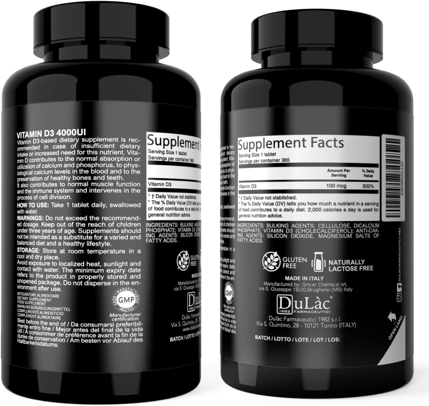 Dulàc Farmaceutici 1982 Vitamin D3 4000 IU Supplement for Bone Health, 365 Tablets, Made in Italy