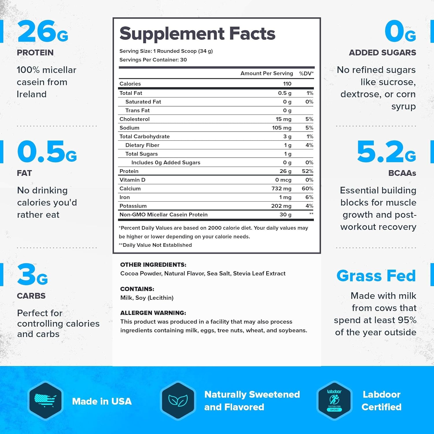 Dutch Chocolate LEGION Casein Protein Powder - Slow-Release Micellar Casein from Grass-Fed Cows - Non-GMO & Gluten-Free - 30 Servings