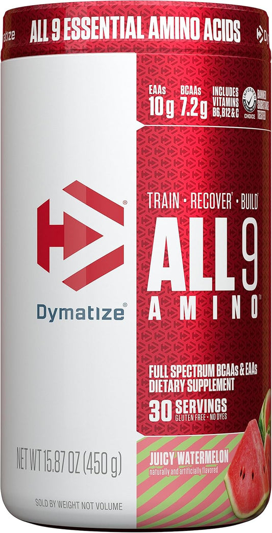 Dymatize All9 Amino Watermelon Flavor: 7.2g BCAAs, 10g Essential Amino Acids, 30 Servings, 15.87 oz for Recovery & Muscle Protein Synthesis
