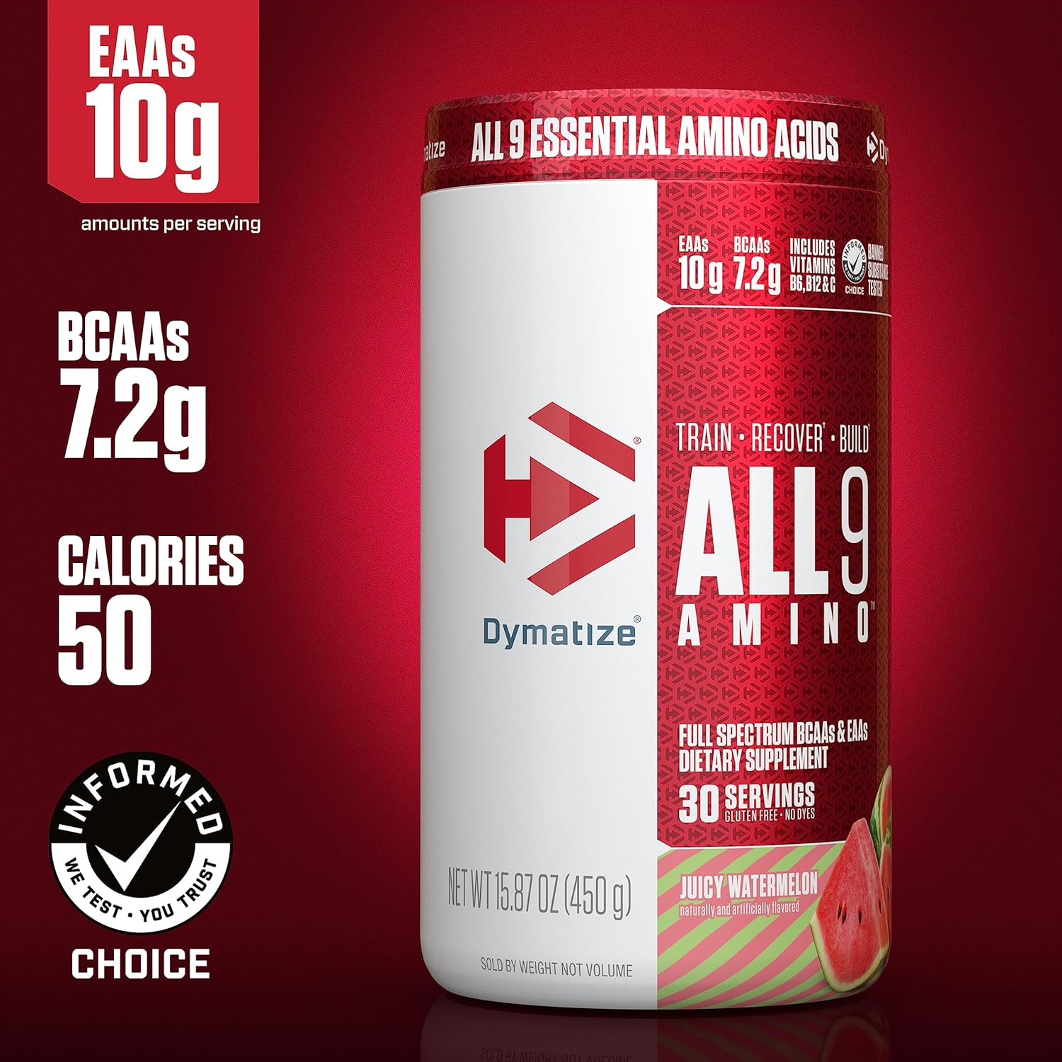 Dymatize All9 Amino Watermelon Flavor: 7.2g BCAAs, 10g Essential Amino Acids, 30 Servings, 15.87 oz for Recovery & Muscle Protein Synthesis