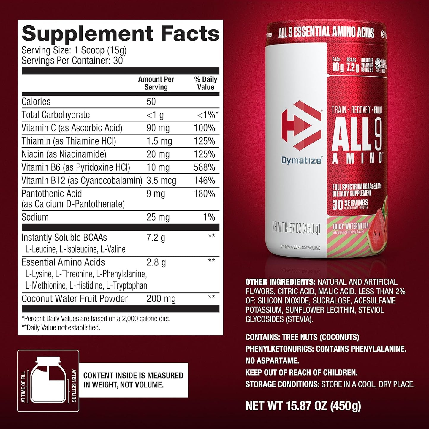 Dymatize All9 Amino Watermelon Flavor: 7.2g BCAAs, 10g Essential Amino Acids, 30 Servings, 15.87 oz for Recovery & Muscle Protein Synthesis