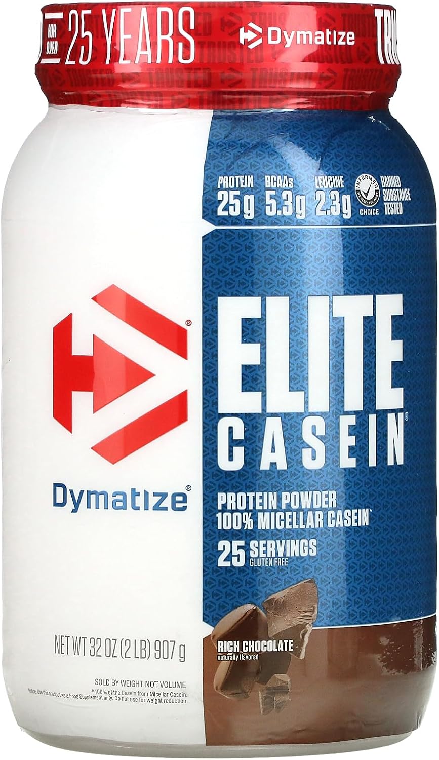 Dymatize Elite Casein Protein Powder - 100% Micellar Casein, Slow Absorbing with Muscle-Building Amino Acids, 25g Protein, 5.4g BCAAs & 2.3g Leucine - Rich Chocolate Flavor - 2 Pound Container