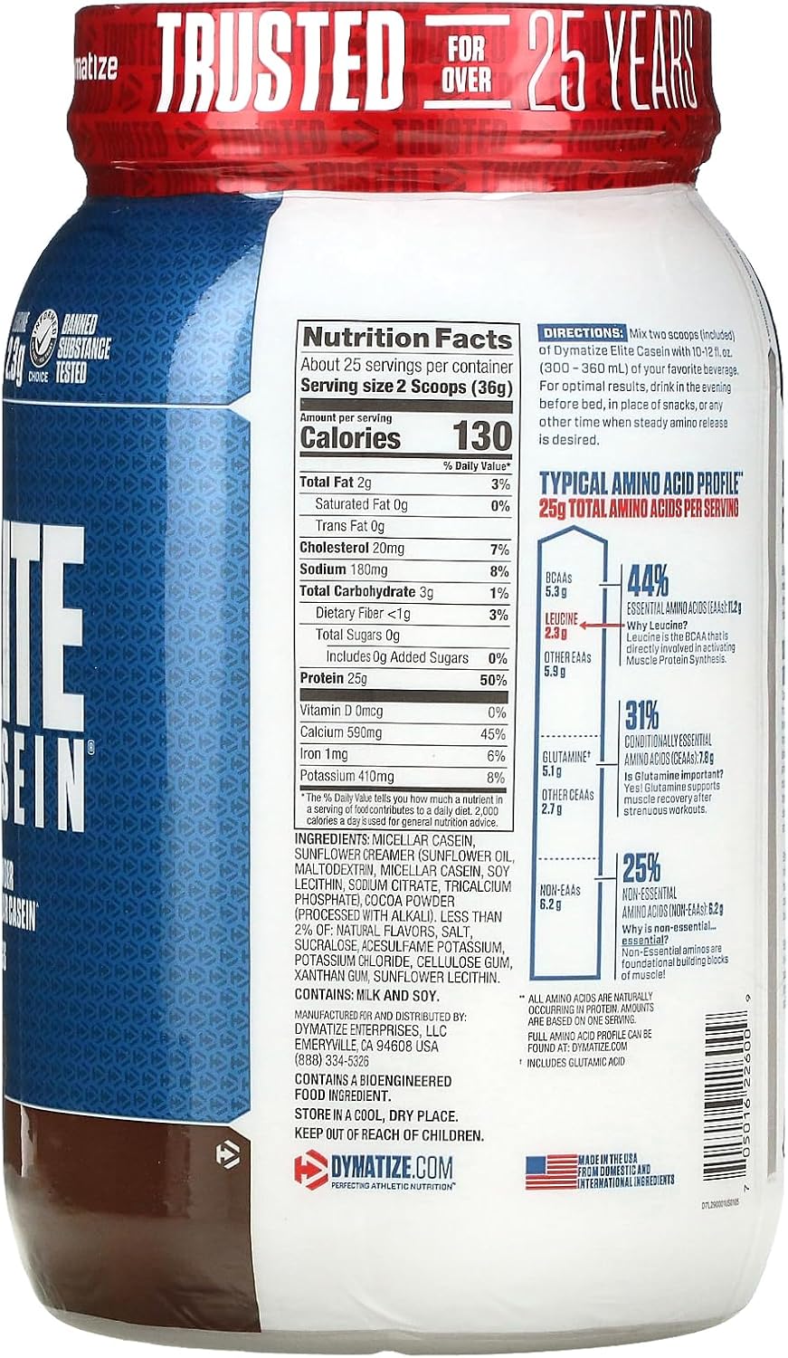 Dymatize Elite Casein Protein Powder - 100% Micellar Casein, Slow Absorbing with Muscle-Building Amino Acids, 25g Protein, 5.4g BCAAs & 2.3g Leucine - Rich Chocolate Flavor - 2 Pound Container