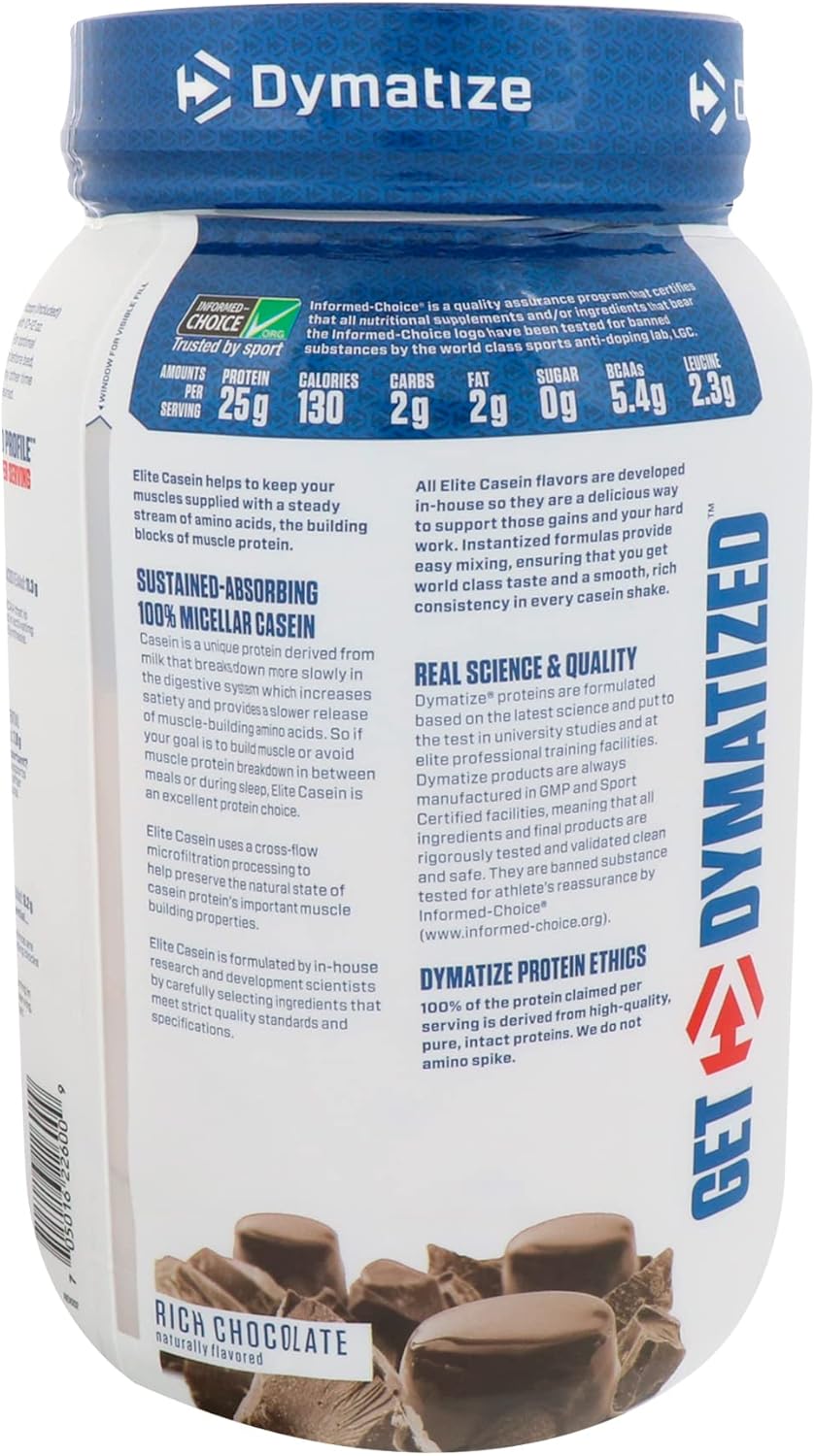 Dymatize Elite Casein Protein Powder - 100% Micellar Casein, Slow Absorbing with Muscle-Building Amino Acids, 25g Protein, 5.4g BCAAs & 2.3g Leucine - Rich Chocolate Flavor - 2 Pound Container