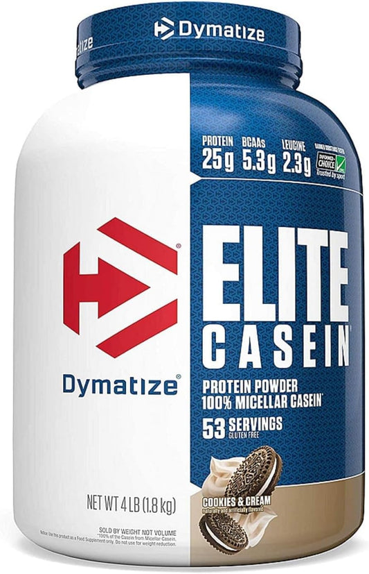Dymatize Elite Casein Protein Powder - 25g Protein, 5.4g BCAAs & 2.3g Leucine - Cookies & Cream Flavor - 4 Pound Container for Overnight Recovery