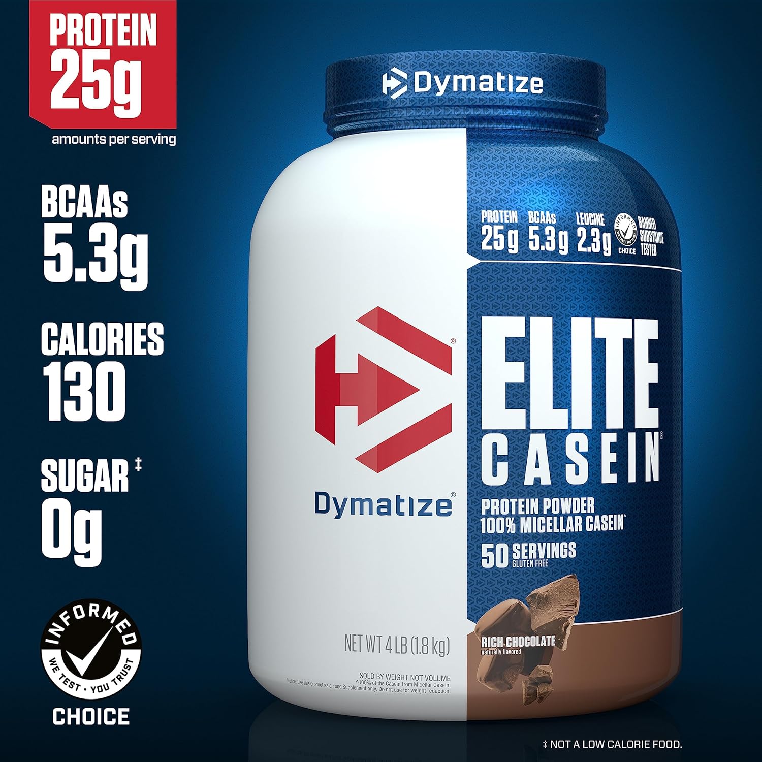 Dymatize Elite Casein Protein Powder, Rich Chocolate Flavor, 4lb - Slow Absorbing 25g Protein with BCAAs for Muscle Building & Recovery