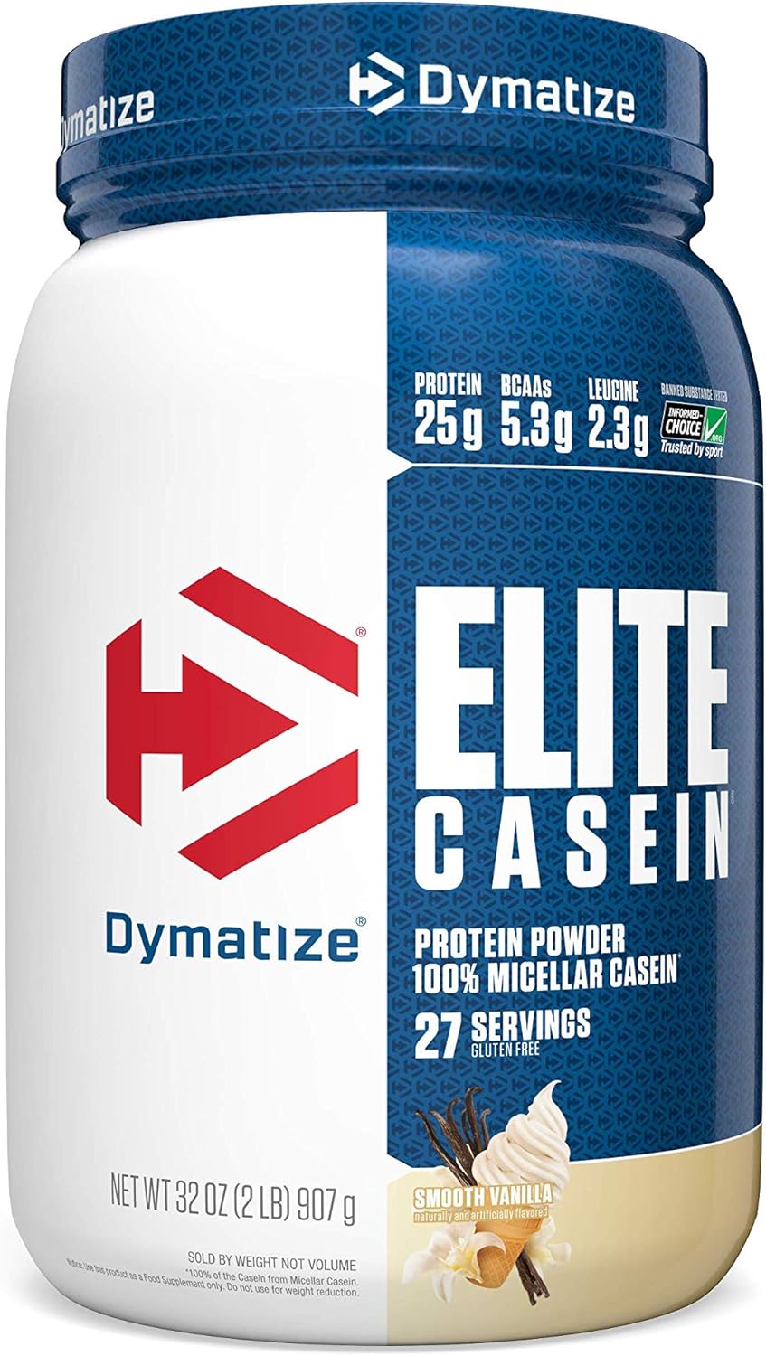 Dymatize Elite Casein Protein Powder, Vanilla Flavor, 25g Protein, 5.4g BCAAs, Overnight Recovery, 2lb