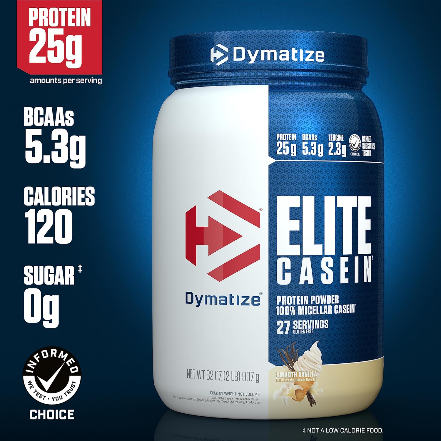 Dymatize Elite Casein Protein Powder, Vanilla Flavor, 25g Protein, 5.4g BCAAs, Overnight Recovery, 2lb