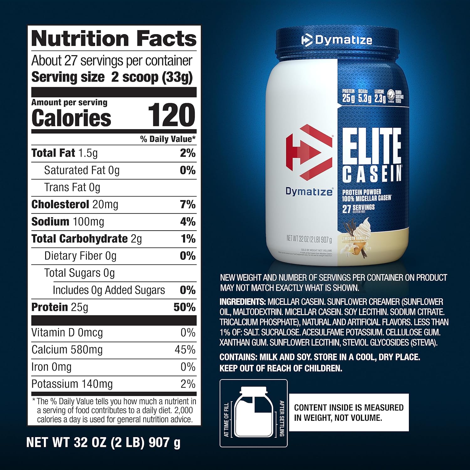 Dymatize Elite Casein Protein Powder, Vanilla Flavor, 25g Protein, 5.4g BCAAs, Overnight Recovery, 2lb