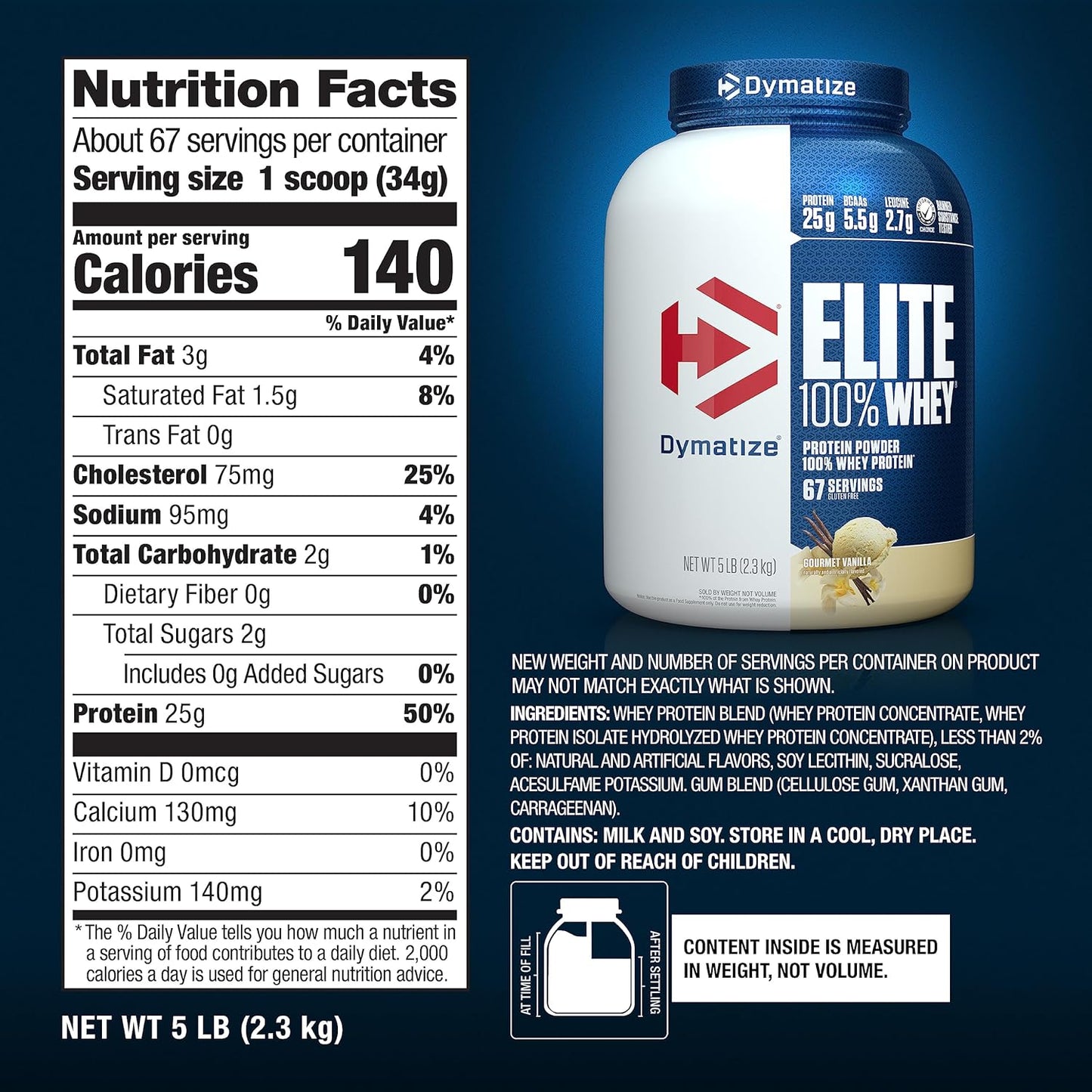 Dymatize Elite Gourmet Vanilla Whey Protein Powder - 5lb, 67 Servings, 25g Protein, 5.5g BCAAs, 2.7g L-Leucine - Fast Absorbing formula for Muscle Recovery - BoostGo Australia