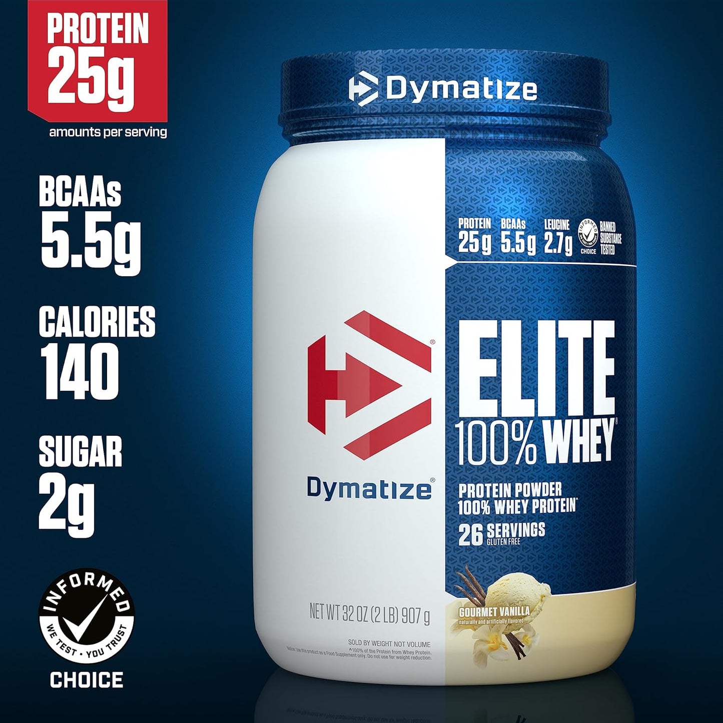 Dymatize Elite Whey Protein Powder with L-Leucine for Muscle Recovery, Gourmet Vanilla Flavor - 32 Oz