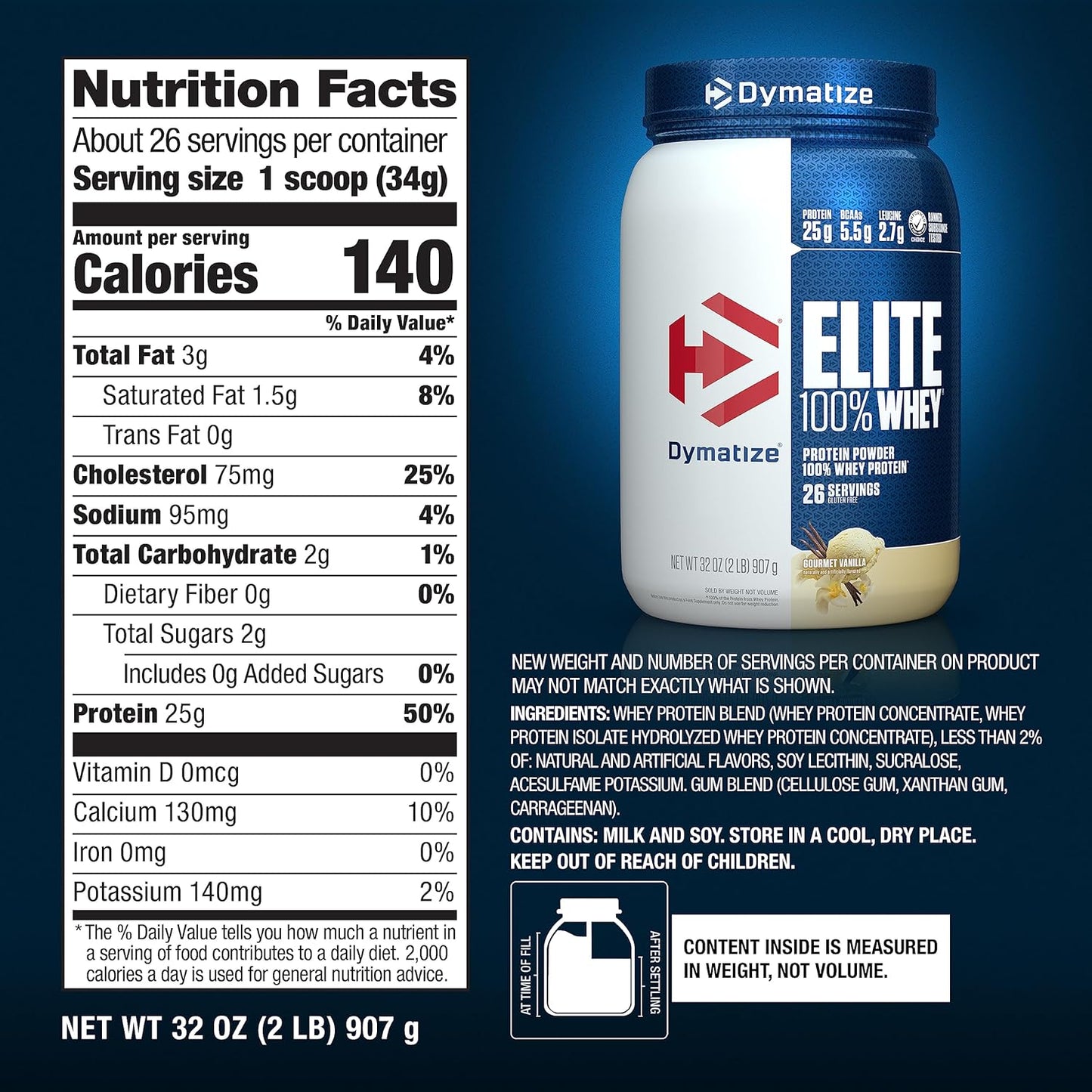 Dymatize Elite Whey Protein Powder with L-Leucine for Muscle Recovery, Gourmet Vanilla Flavor - 32 Oz