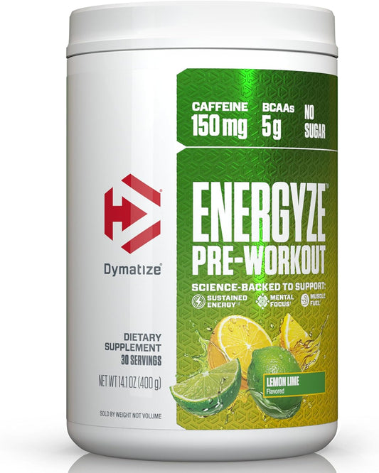 Dymatize Energyze Pre Workout Powder - Lemon Lime Flavor, 150mg Caffeine, 5g BCAAs - Performance Blend with L-Theanine, L-Tyrosine, L-Citrulline - No Sugar, 30 Servings for Men and Women