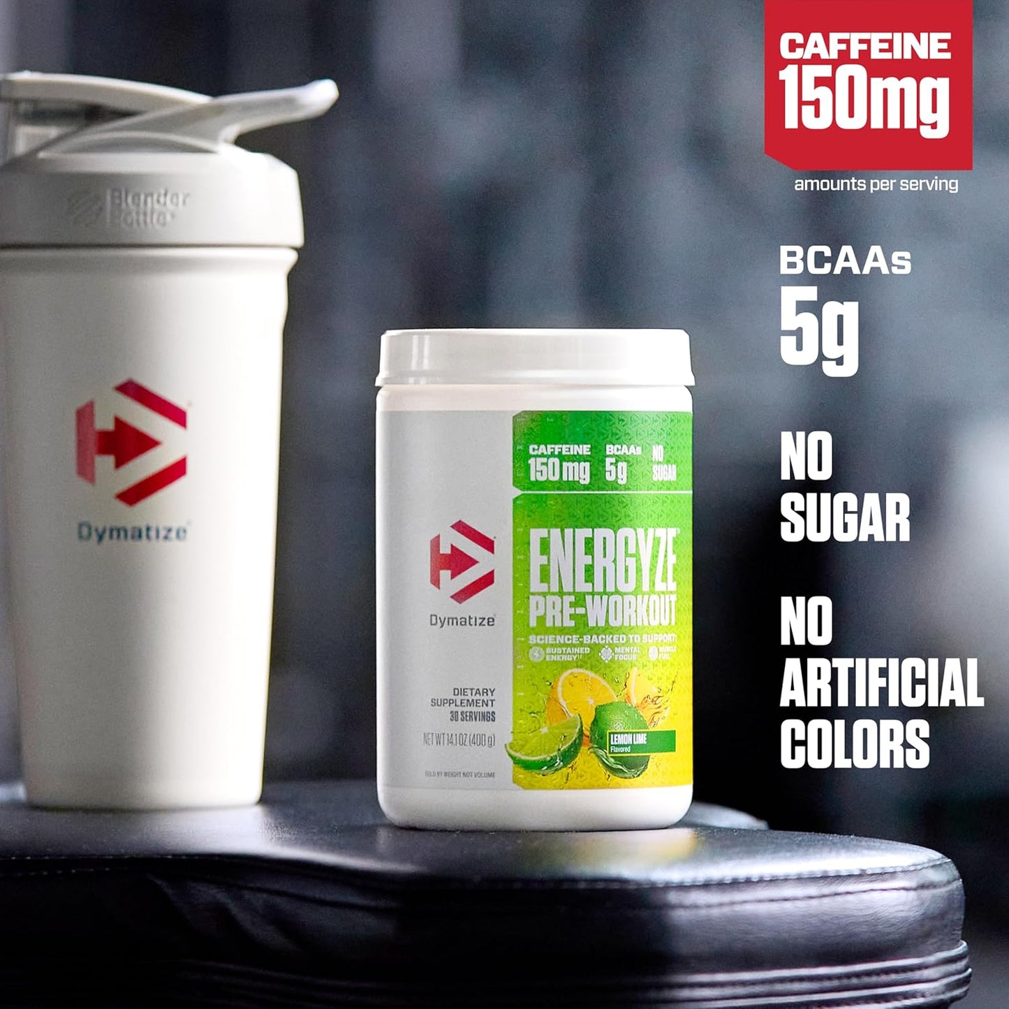 Dymatize Energyze Pre Workout Powder - Lemon Lime Flavor, 150mg Caffeine, 5g BCAAs - Performance Blend with L-Theanine, L-Tyrosine, L-Citrulline - No Sugar, 30 Servings for Men and Women