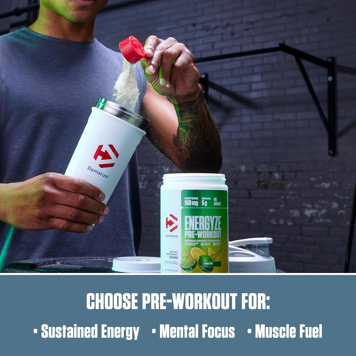 Dymatize Energyze Pre Workout Powder - Lemon Lime Flavor, 150mg Caffeine, 5g BCAAs - Performance Blend with L-Theanine, L-Tyrosine, L-Citrulline - No Sugar, 30 Servings for Men and Women