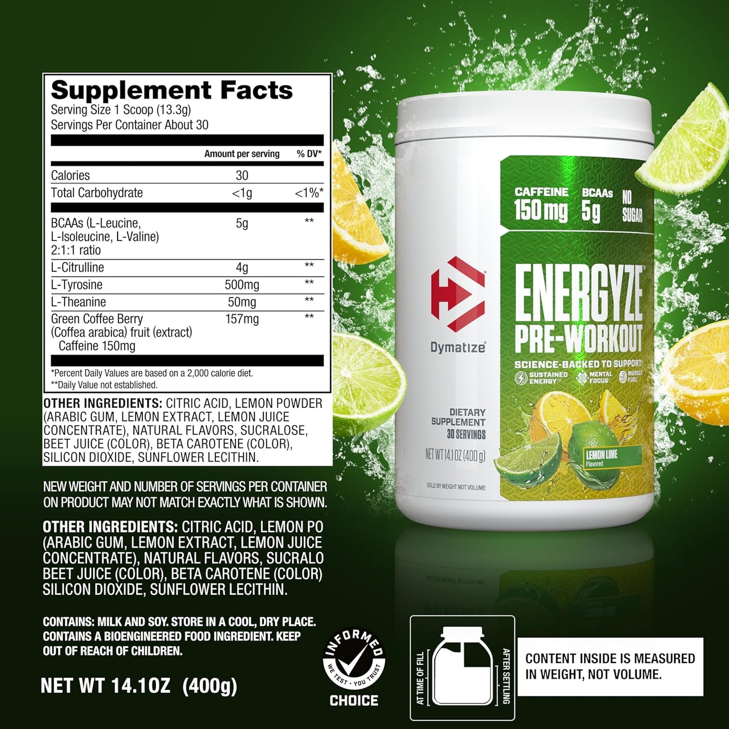 Dymatize Energyze Pre Workout Powder - Lemon Lime Flavor, 150mg Caffeine, 5g BCAAs - Performance Blend with L-Theanine, L-Tyrosine, L-Citrulline - No Sugar, 30 Servings for Men and Women