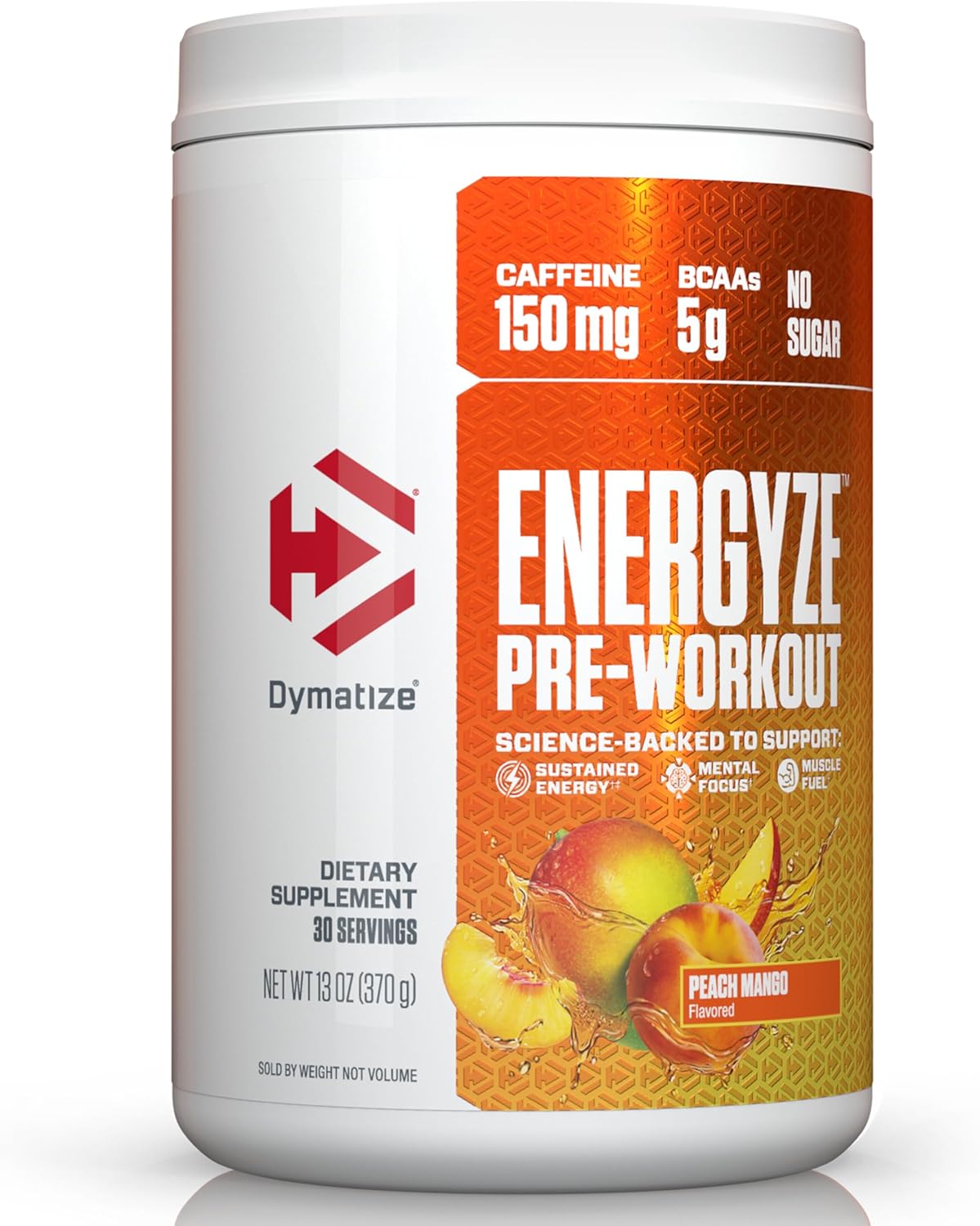 Dymatize Energyze Pre Workout Powder - Peach Mango Flavor, 150mg Caffeine, 5g BCAAs, Performance Blend - 30 Servings
