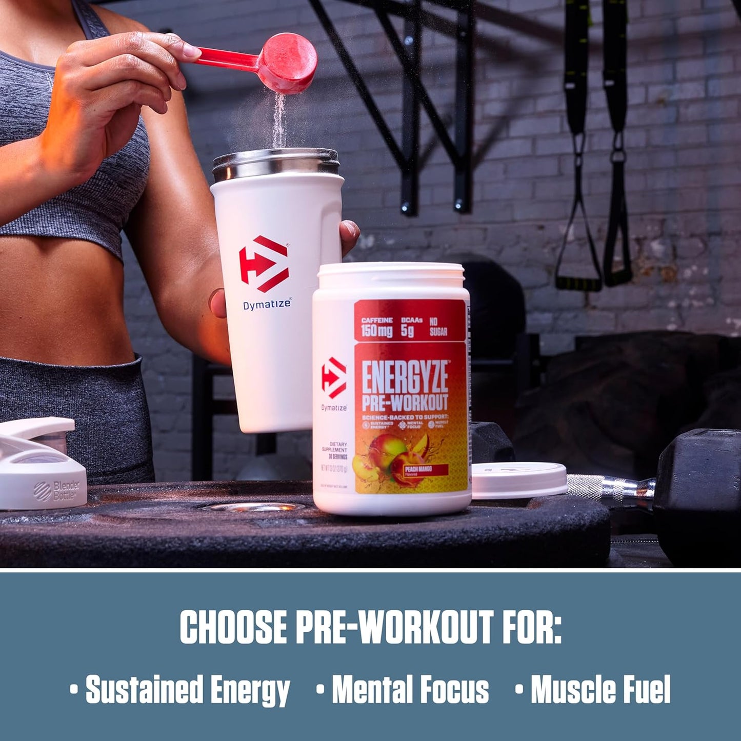 Dymatize Energyze Pre Workout Powder - Peach Mango Flavor, 150mg Caffeine, 5g BCAAs, Performance Blend - 30 Servings