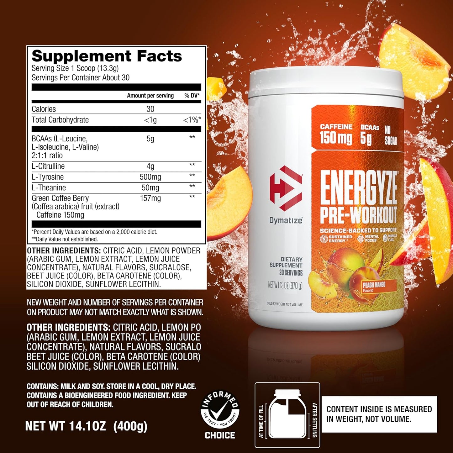 Dymatize Energyze Pre Workout Powder - Peach Mango Flavor, 150mg Caffeine, 5g BCAAs, Performance Blend - 30 Servings