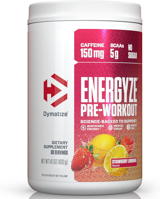 Dymatize Energyze Pre Workout Powder - Strawberry Lemonade Flavor, 150mg Caffeine, 5g BCAAs, Performance Blend - 30 Servings