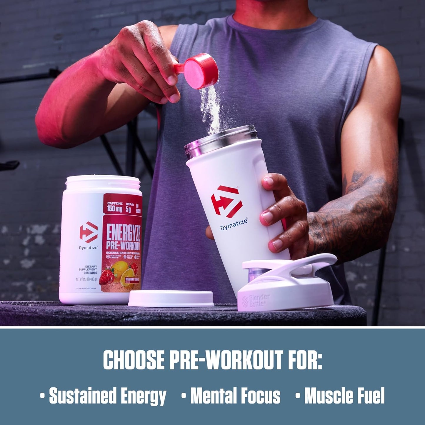 Dymatize Energyze Pre Workout Powder - Strawberry Lemonade Flavor, 150mg Caffeine, 5g BCAAs, Performance Blend - 30 Servings