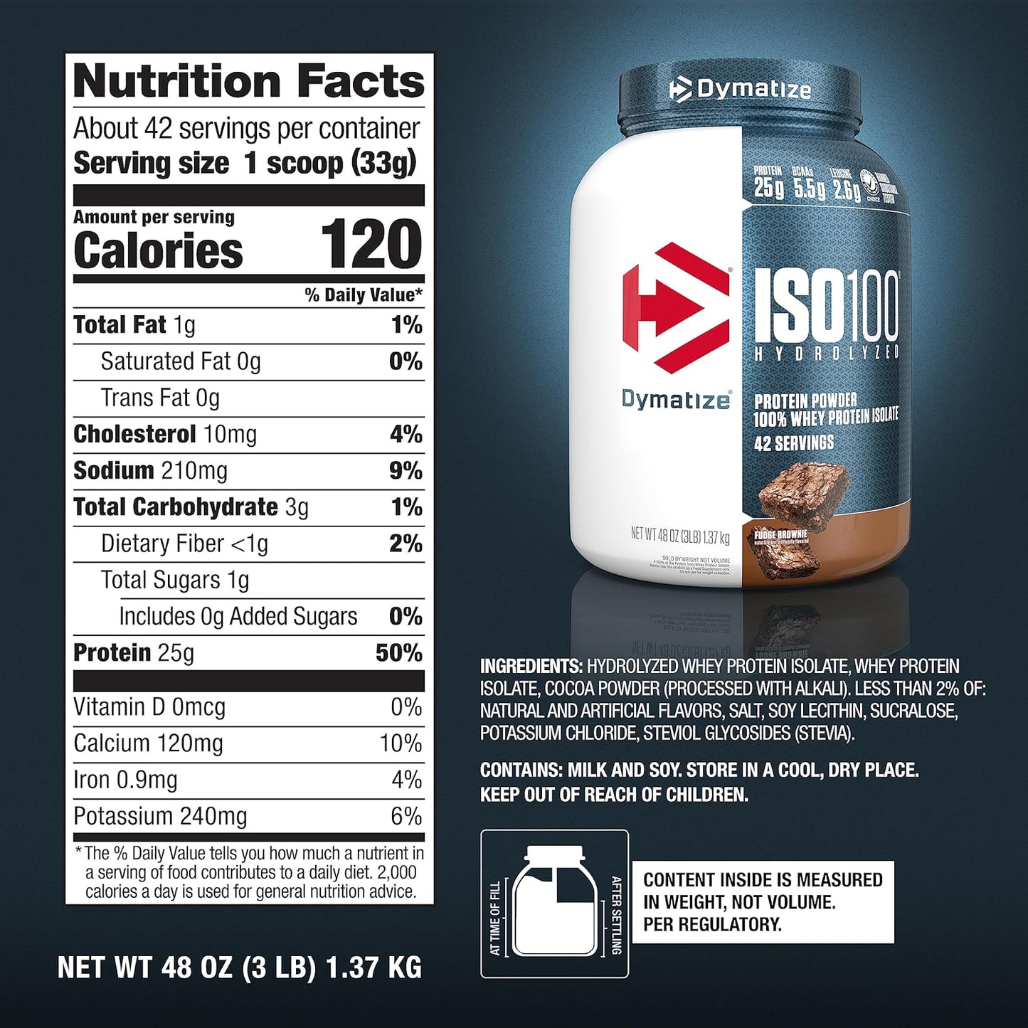 Dymatize ISO 100 Hydrolyzed Whey Protein Isolate, Fudge Brownie Flavor, 48 Oz - 42 Servings, 25g Protein