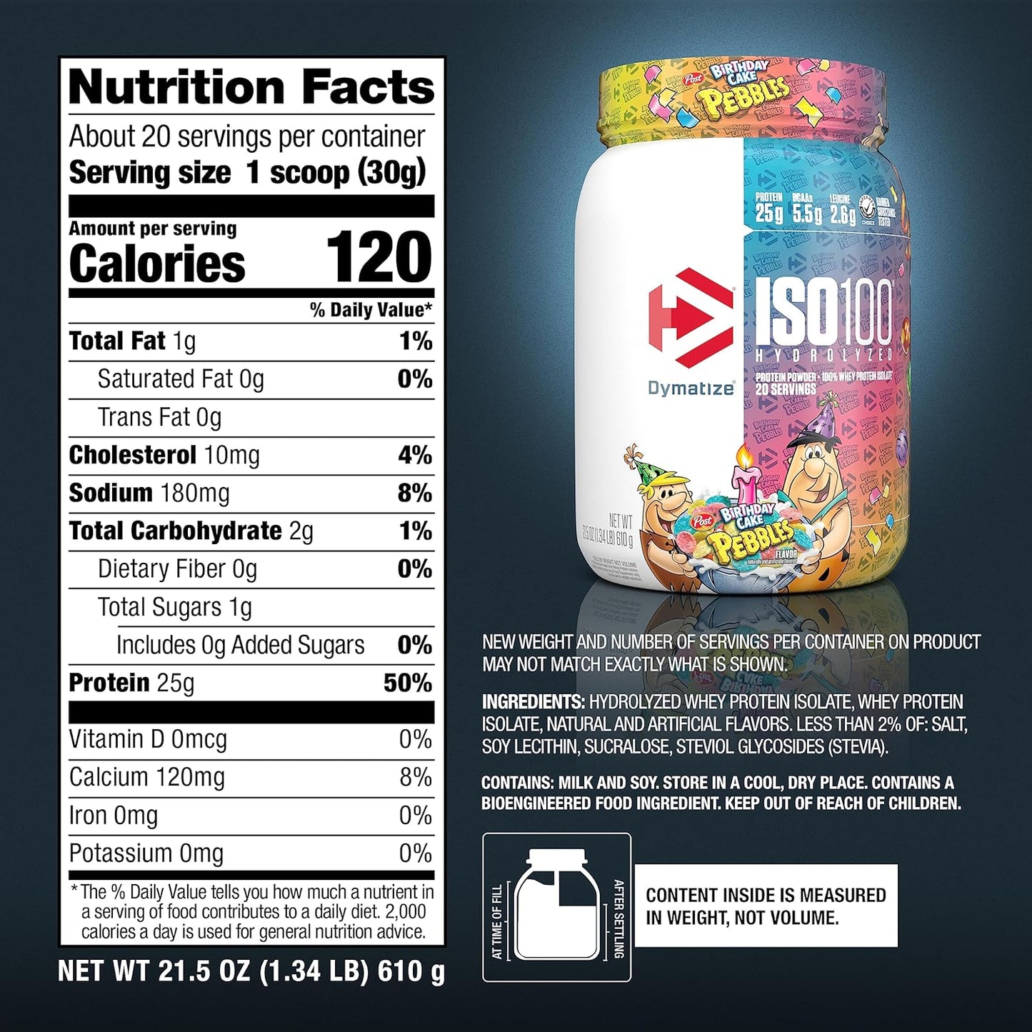 Dymatize ISO 100 Whey Protein Powder - Birthday Cake Pebbles Flavor, 25g Hydrolyzed Isolate, Gluten-Free, Fast Digesting - 20 Servings