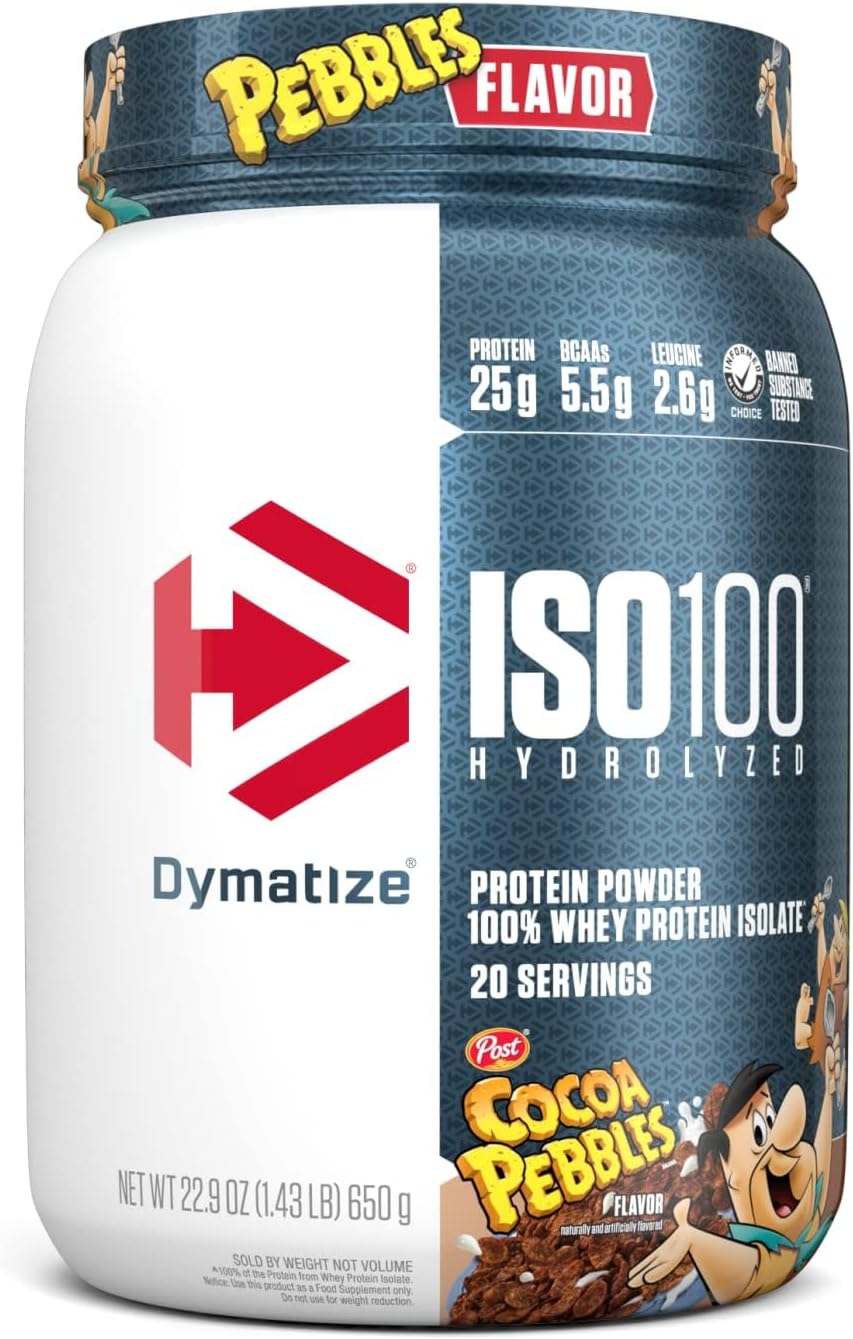 Dymatize ISO100 Cocoa Pebbles Whey Isolate Protein Powder - 25g Protein, 5.5g BCAAs, Gluten Free, Fast Absorbing - 20 Servings