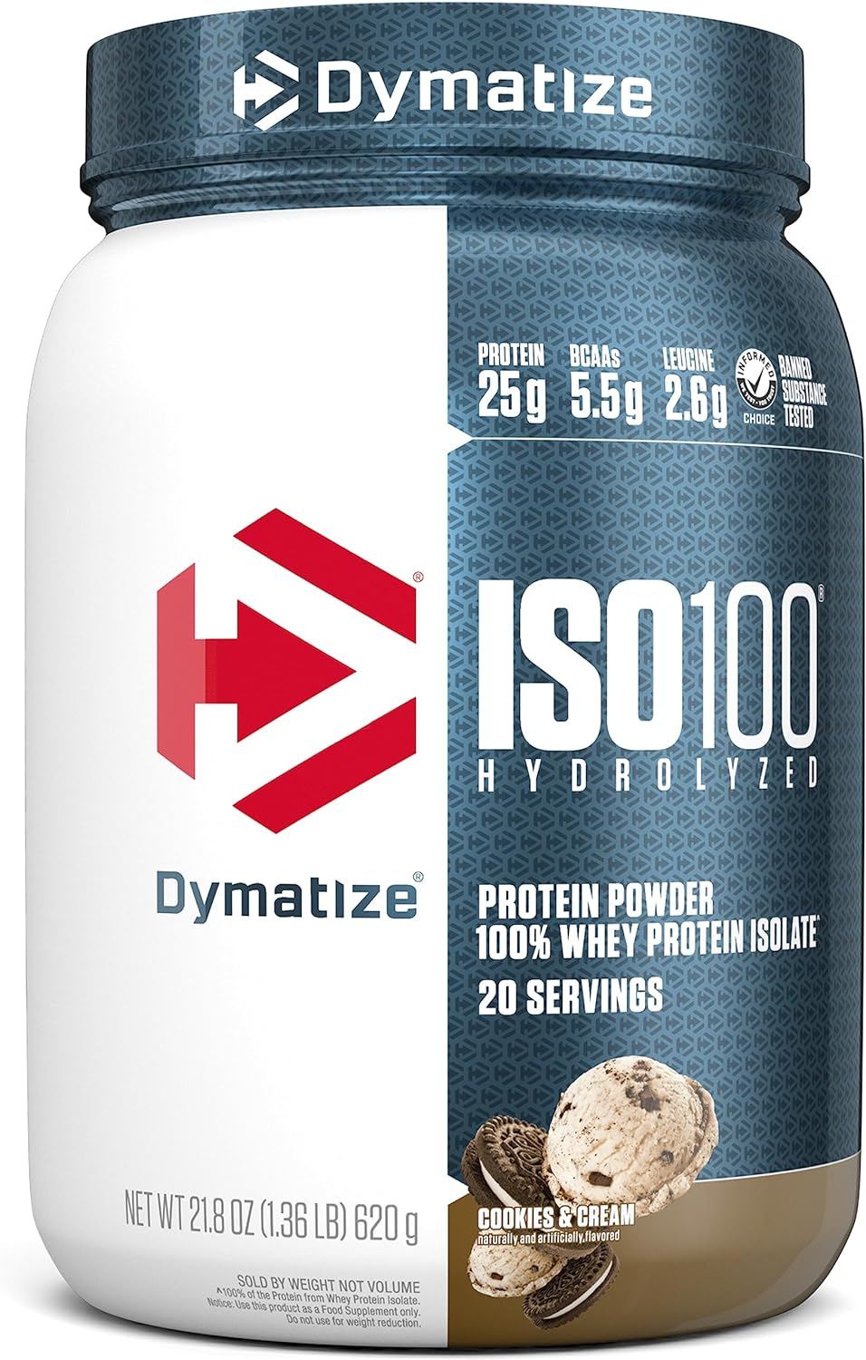 Dymatize ISO100 Cookies and Cream Protein Powder - 100% Whey Isolate, 25g Protein, 5.5g BCAAs, Gluten Free, Fast Absorption, 20 Servings