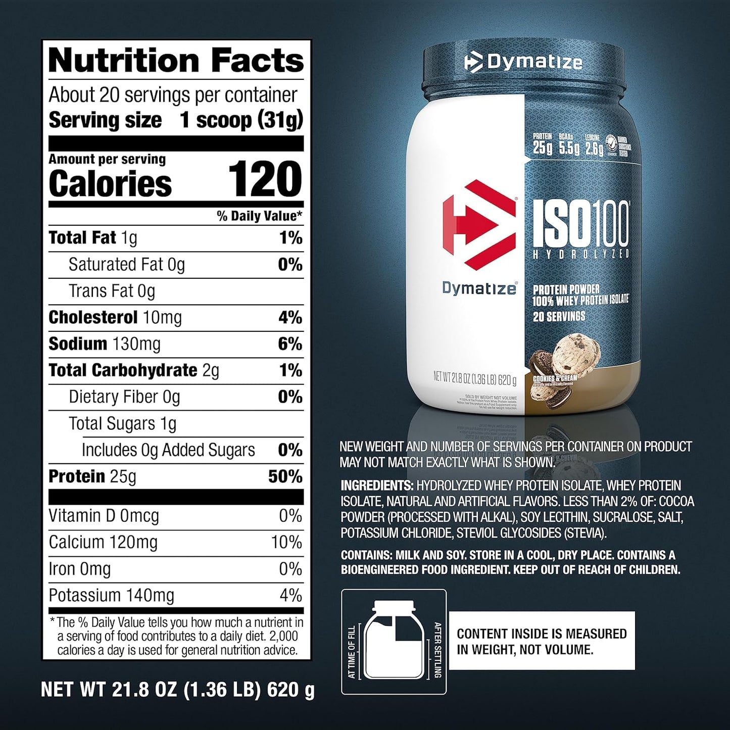 Dymatize ISO100 Cookies and Cream Protein Powder - 100% Whey Isolate, 25g Protein, 5.5g BCAAs, Gluten Free, Fast Absorption, 20 Servings