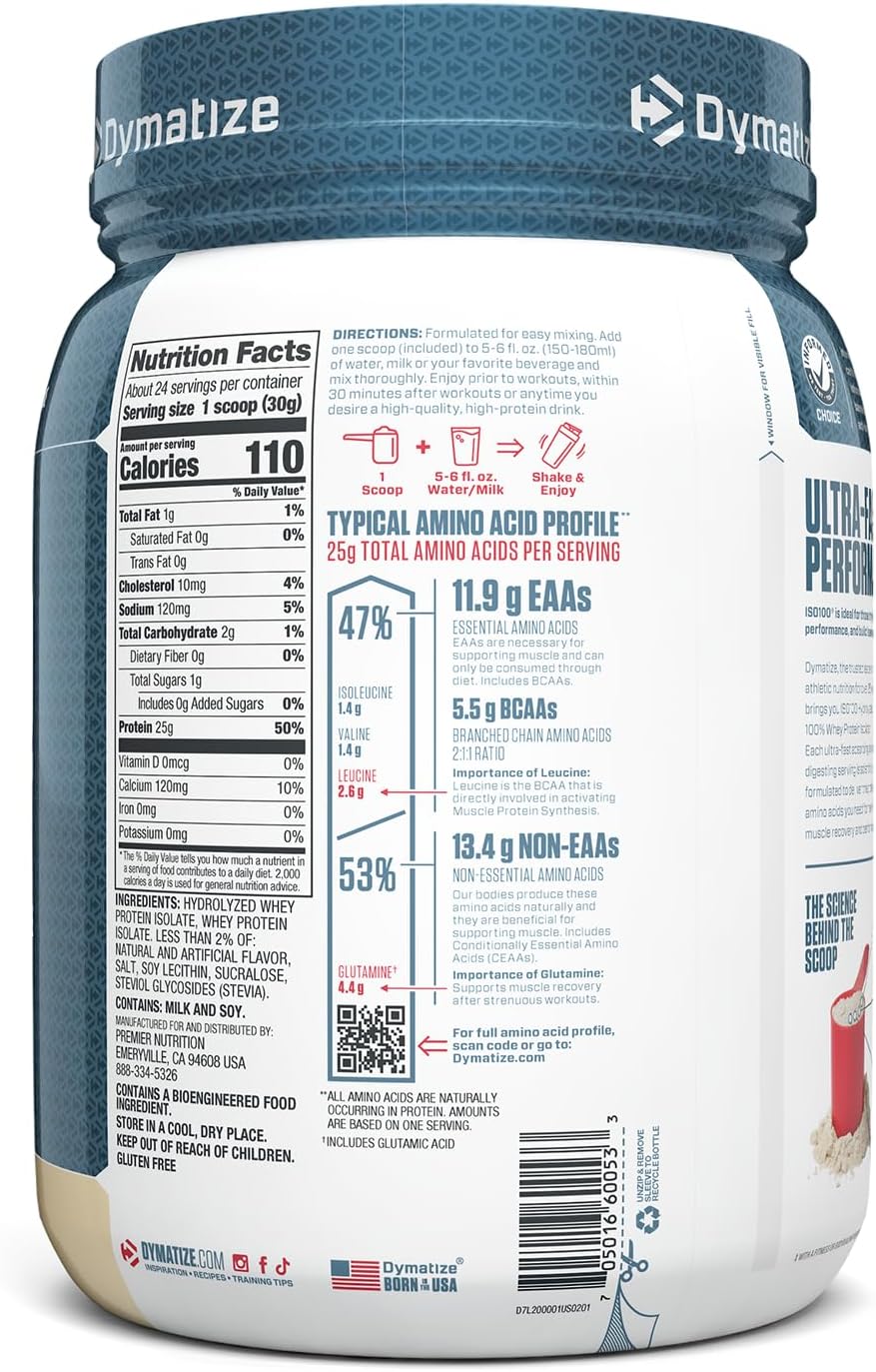 Dymatize ISO100 Gourmet Vanilla Whey Isolate Protein Powder - 25g Protein, 5.5g BCAAs, Gluten Free - Fast Absorbing and Easy Digesting - 24 Servings