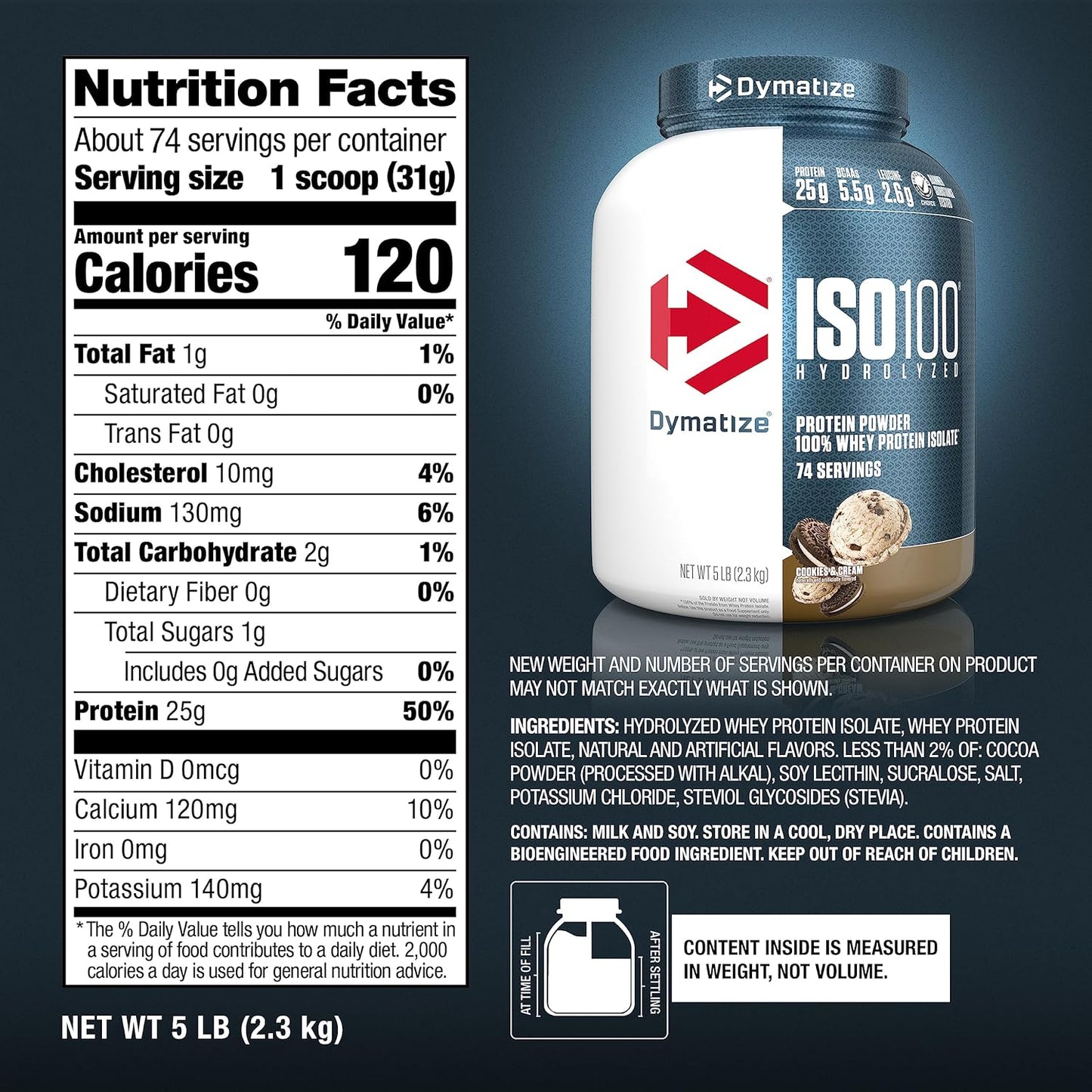 Dymatize ISO100 Hydrolyzed Protein Powder - 5lb Cookies and Cream - 100% Whey Isolate, 25g Protein, 5.5g BCAAs - Fast Absorbing, Gluten Free