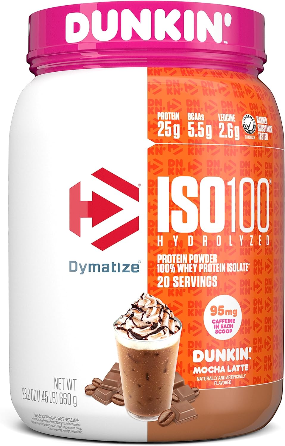 Dymatize ISO100 Hydrolyzed Protein Powder - Dunkin' Mocha Latte Flavor, 25g Protein, 95mg Caffeine, Gluten Free - 22.9 Oz