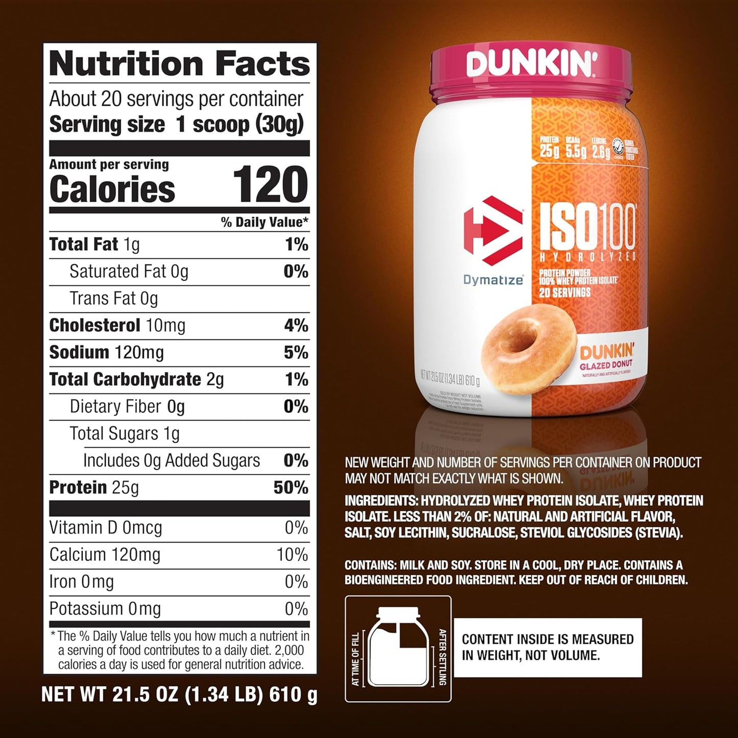 Dymatize ISO100 Hydrolyzed Protein Powder, 100% Whey Isolate, Dunkin' Glazed Donut Flavor, 20 Servings, Gluten-Free - High-Quality Whey Isolate Protein Powder