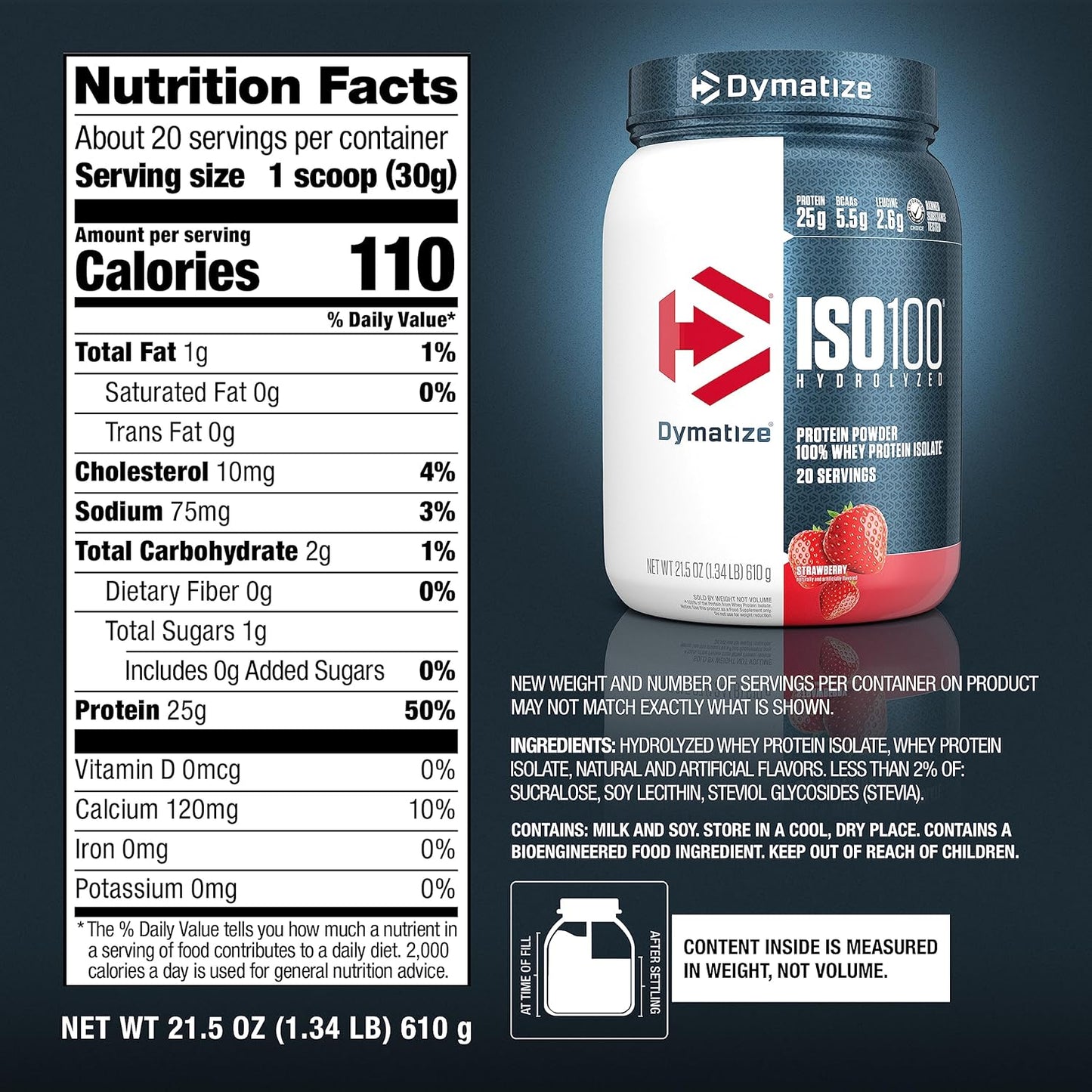 Dymatize ISO100 Strawberry Whey Isolate Protein Powder, 25g Protein, 5.5g BCAAs, Gluten Free, Fast Absorption, 20 Servings