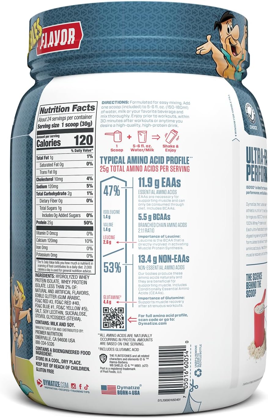 Dymatize ISO100 Whey Isolate Protein Powder - Fruity Pebbles Flavor, 25g Protein, 5.5g BCAAs, Gluten-Free, Fast Absorption - 24 Servings