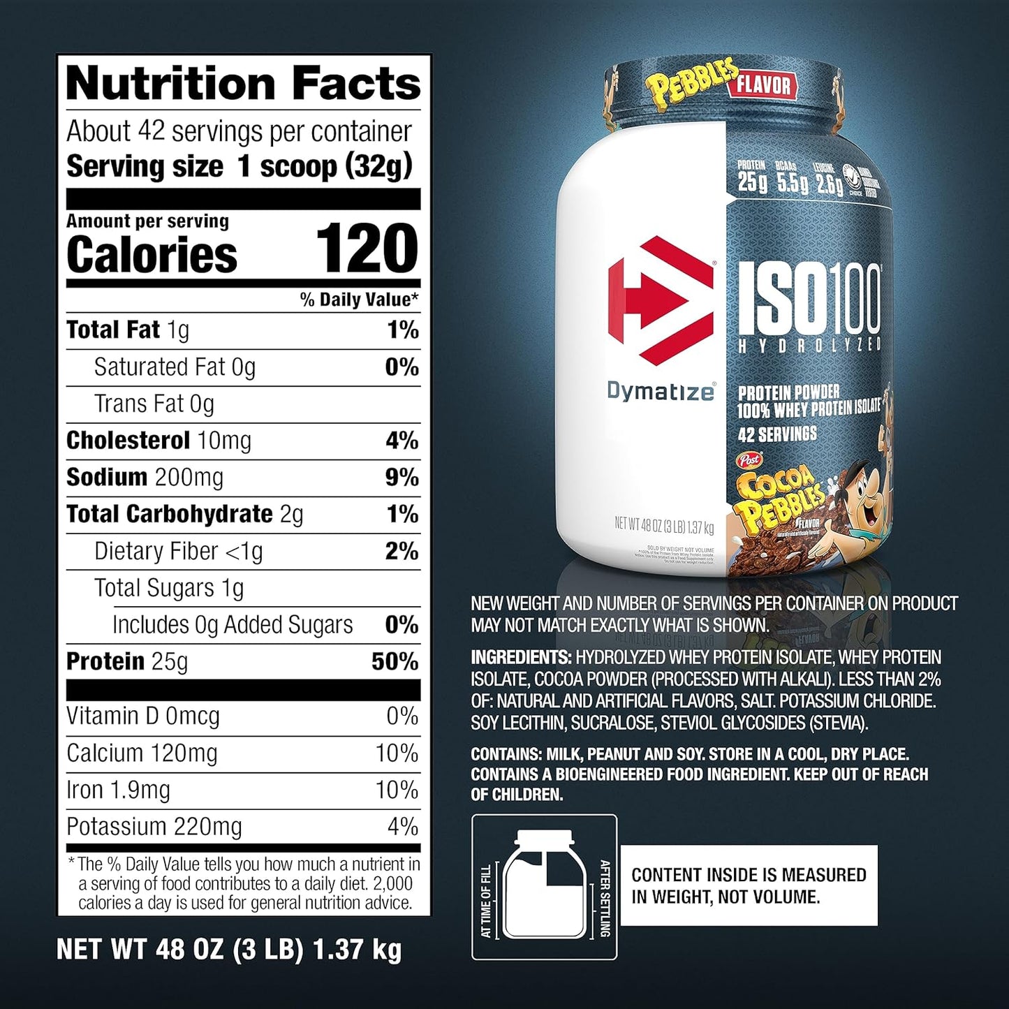 Dymatize ISO100 Whey Isolate Protein Powder, 25g Protein, Gluten Free, Fast Absorbing, Cocoa Pebbles - 3lb