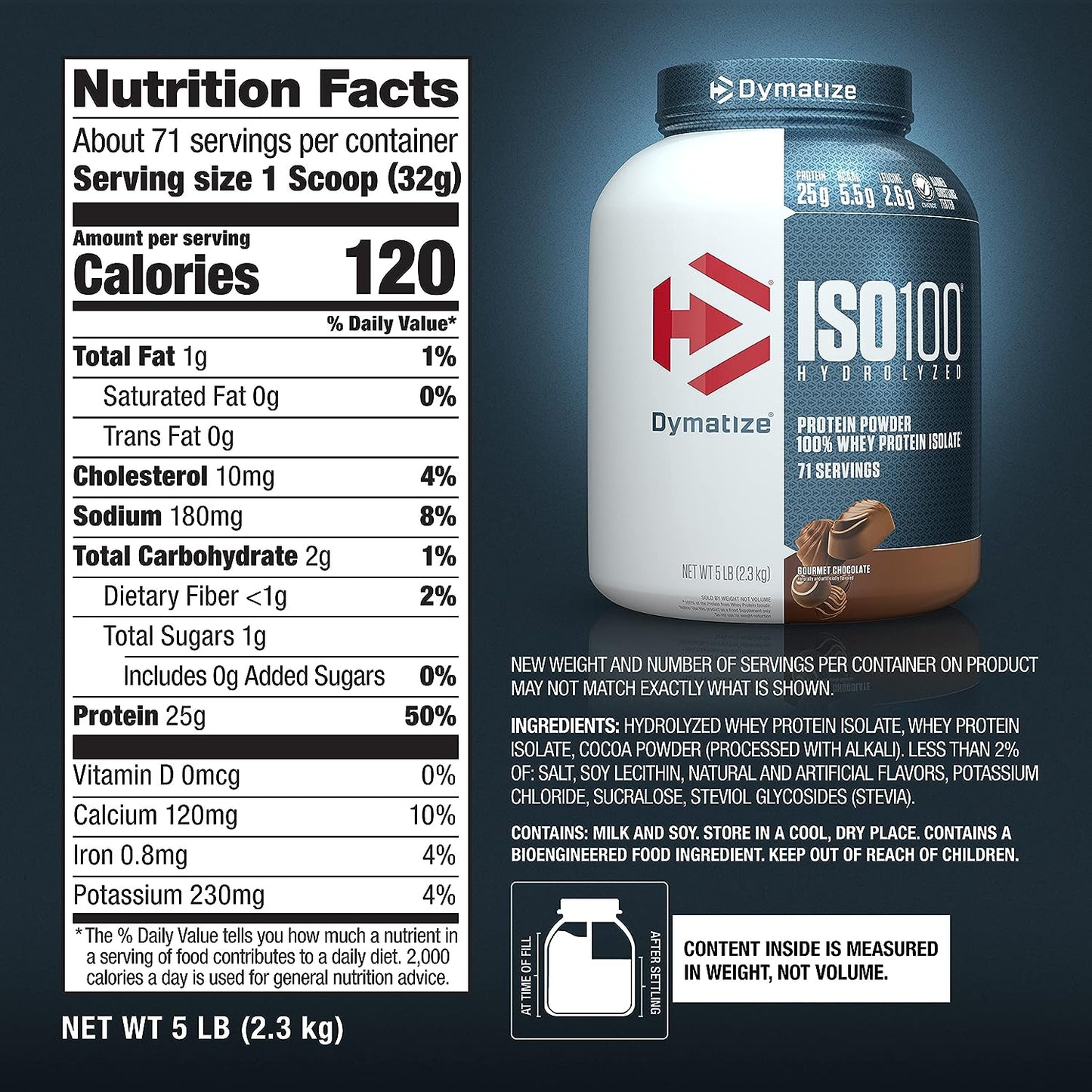 Dymatize ISO100 Whey Protein Powder, 25g Protein, 5.5g BCAAs, Gluten Free, Fast Absorbing, Gourmet Chocolate - 5lb