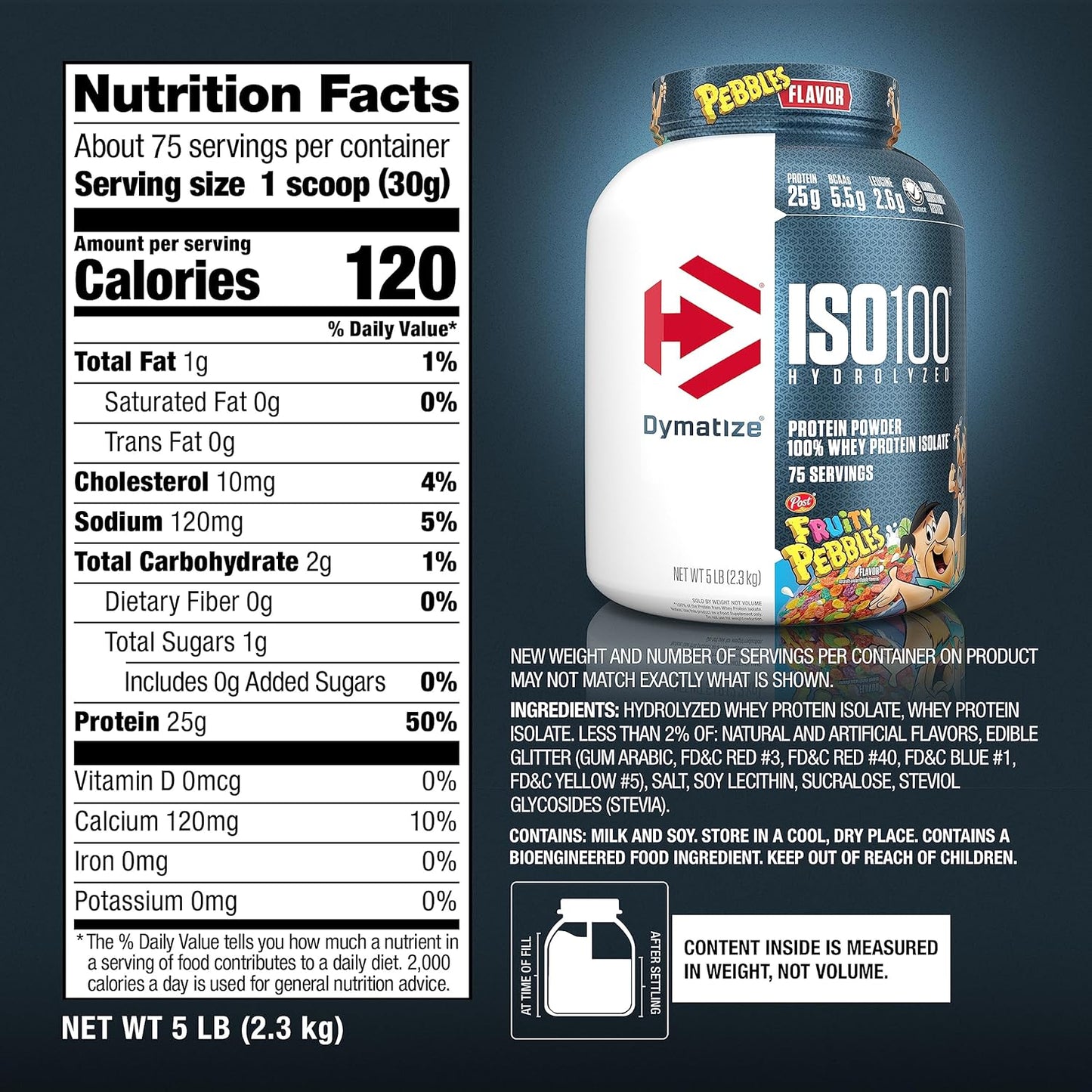 Dymatize ISO100 Whey Protein Powder, Fruity Pebbles Flavor, 25g Protein, Gluten-Free, Fast Absorption, Easy Digestion, 5lb