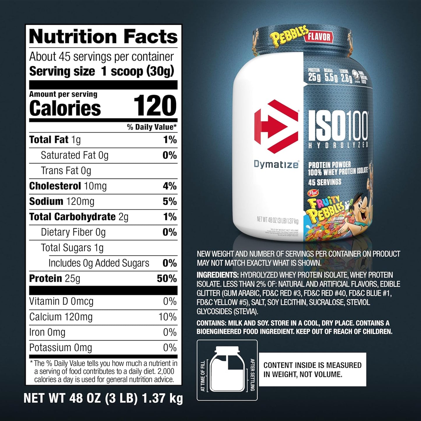 Dymatize ISO100 Whey Protein Powder, Fruity Pebbles Flavor, 25g Protein, 5.5g BCAAs, Gluten-Free, Fast Absorption, Easy Digestion, 3lb