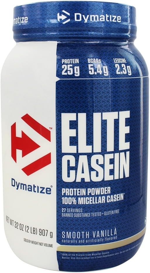 Dymatize Nutrition Elite Casein Protein Powder - 100% Micellar Casein, Smooth Vanilla Flavor - 2 lb Size