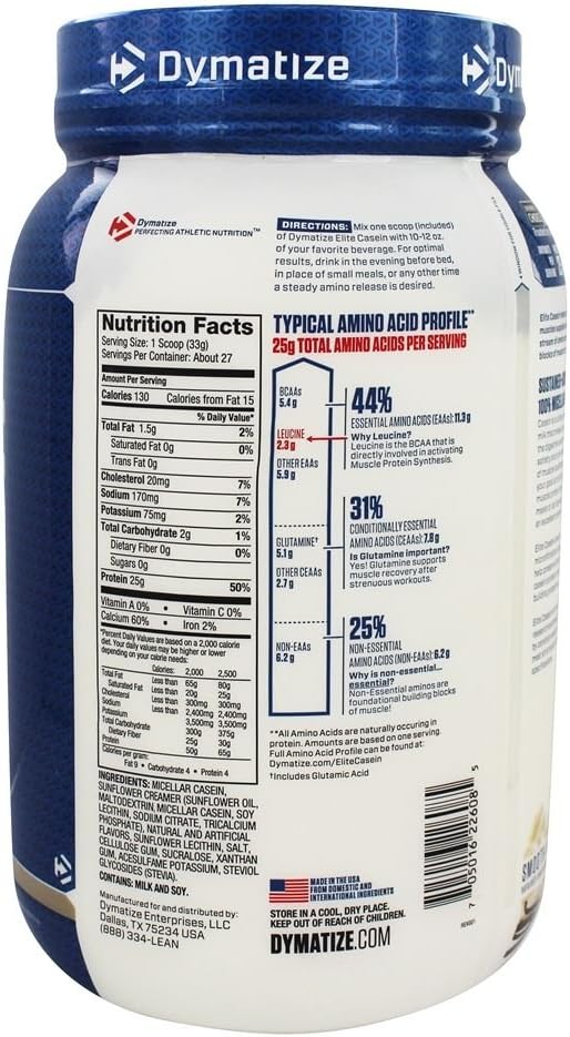 Dymatize Nutrition Elite Casein Protein Powder - 100% Micellar Casein, Smooth Vanilla Flavor - 2 lb Size