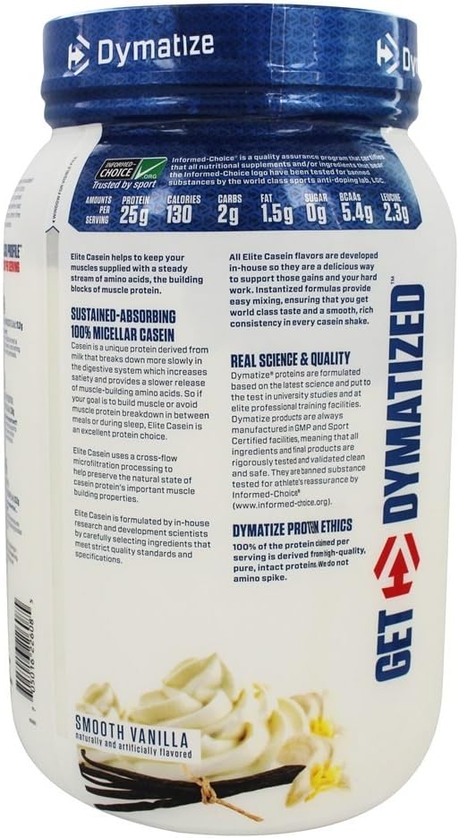 Dymatize Nutrition Elite Casein Protein Powder - 100% Micellar Casein, Smooth Vanilla Flavor - 2 lb Size