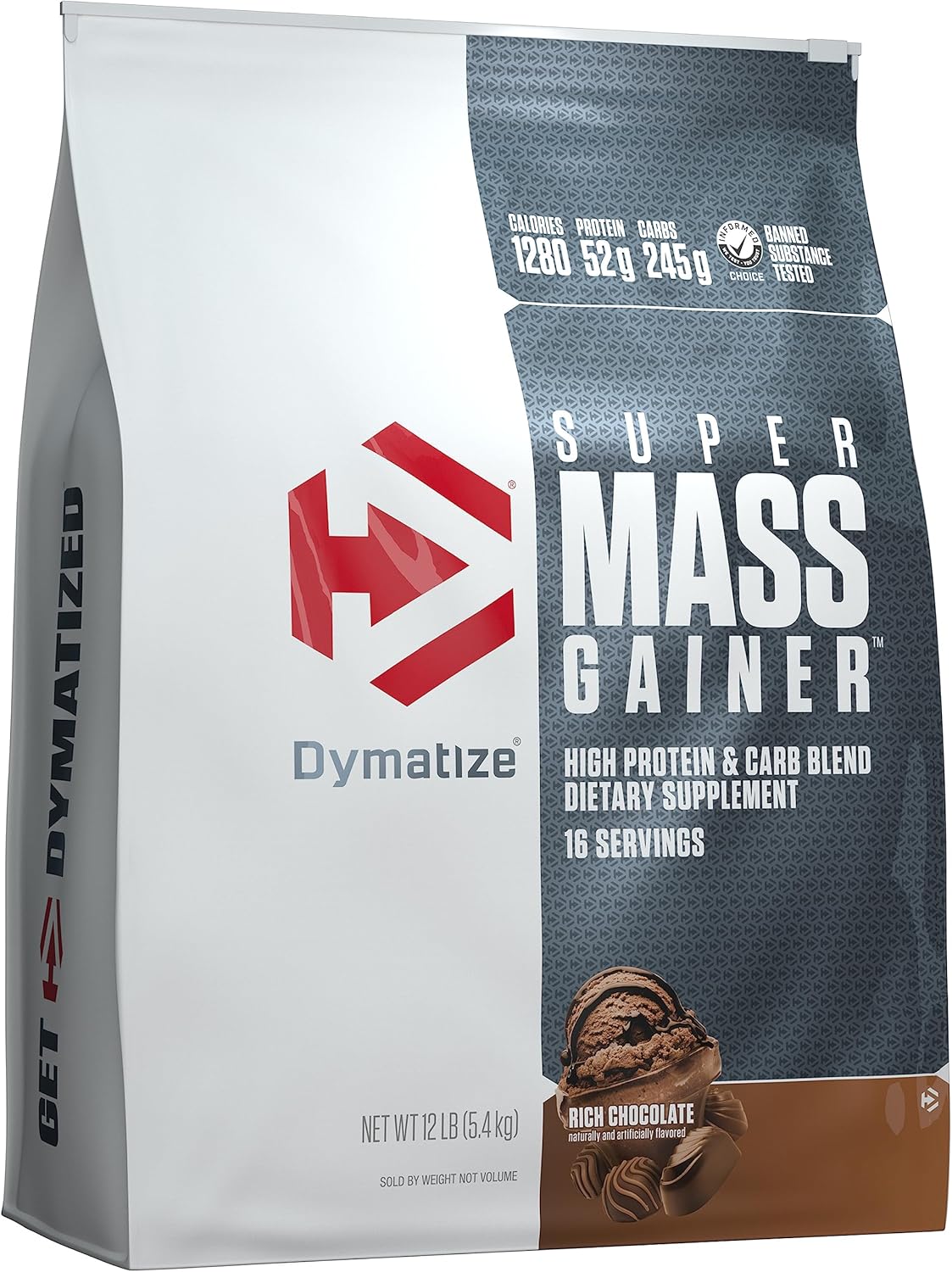 Dymatize Super Mass Gainer Protein Powder - Rich Chocolate Flavor, 12 lbs, 1280 Calories, 52g Protein, 10.7g BCAAs, Easy to Mix and Delicious Taste