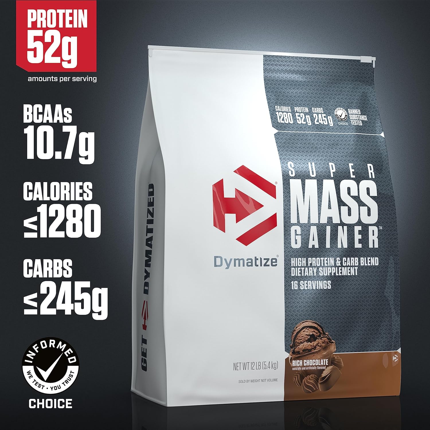 Dymatize Super Mass Gainer Protein Powder - Rich Chocolate Flavor, 12 lbs, 1280 Calories, 52g Protein, 10.7g BCAAs, Easy to Mix and Delicious Taste