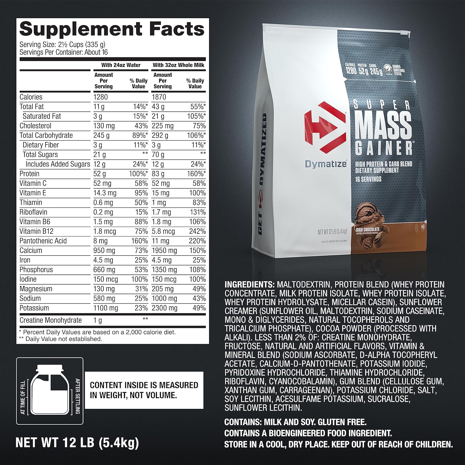 Dymatize Super Mass Gainer Protein Powder - Rich Chocolate Flavor, 12 lbs, 1280 Calories, 52g Protein, 10.7g BCAAs, Easy to Mix and Delicious Taste